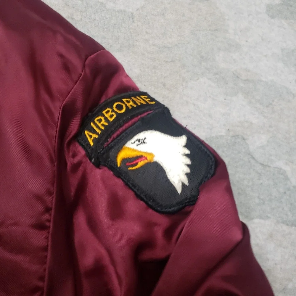VTG Airborne American Satin Jacket Mens Large Red Snap Up Bomber Quarter Master